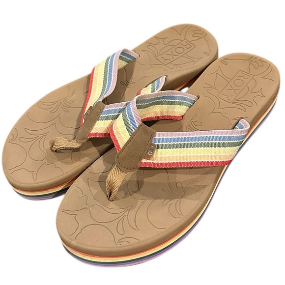 Roxy Colbert Hi High Multicolor Rainbow Stripe Cushioned Sandals Flip Flops 10 - Picture 4 of 11